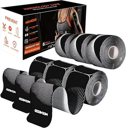 Precut Kinesiology Tape - 120 Strips (6 Rolls) Waterproof Kinesiology Tape for Muscle & Joint Support, Athletic Knees, Shoulders Black