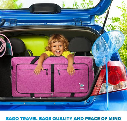 Bago Large Foldable Duffel Bags for Traveling Women & Men - 120L Packable Duffle Bag for Travel with Shoe Compartment - Water Repellant, Heavy Duty, Lightweight Folding & Collapsible (SnowPink)