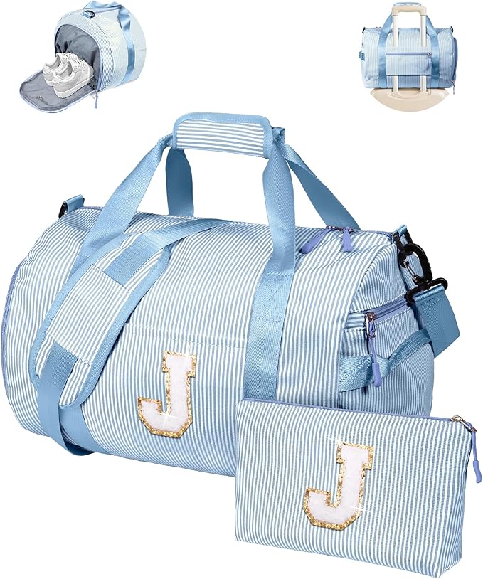 Teen Girls Gifts Trendy Stuff, Girl Gym Bag, Kids Initial Overnight Duffel Bags with Shoe Compartment, Personalized Travel Bag with Makeup Pouch, Birthday Gift for Sister Daughter (Letter J)