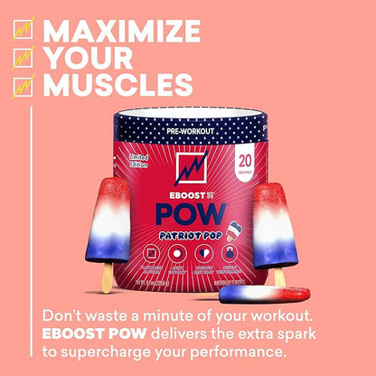 EBOOST POW Natural Pre Workout Powder - 20 Servings - Patriot Pop - Pre Workout Supplement for Performance, Joint Mobility Support, Energy, Focus - Men & Women - Non-GMO, Gluten-Free, No Creatine