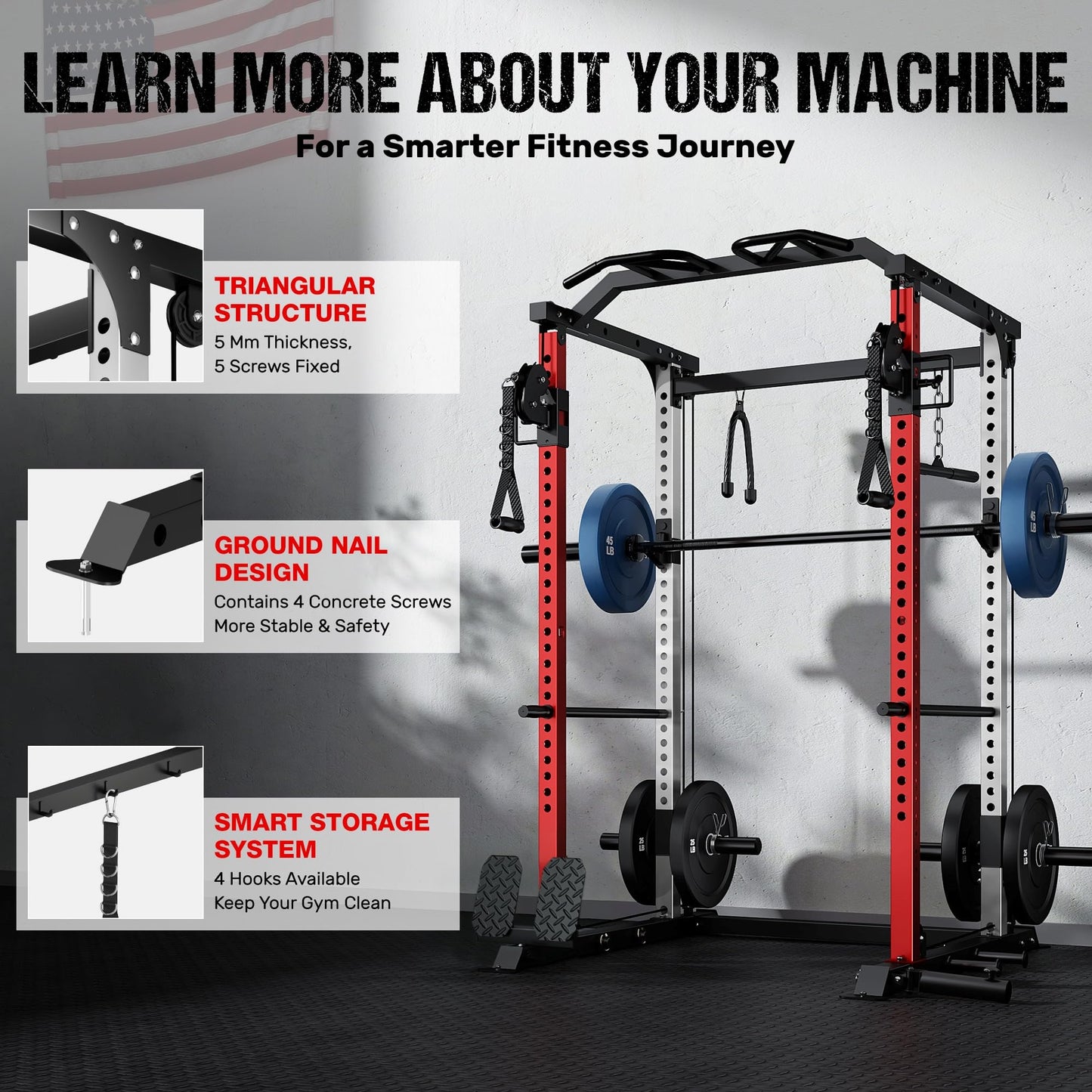 GOIMU DP01 Power Cage, 2000LBS Squat Rack with Cable Crossover and Dual Independent Pulley System