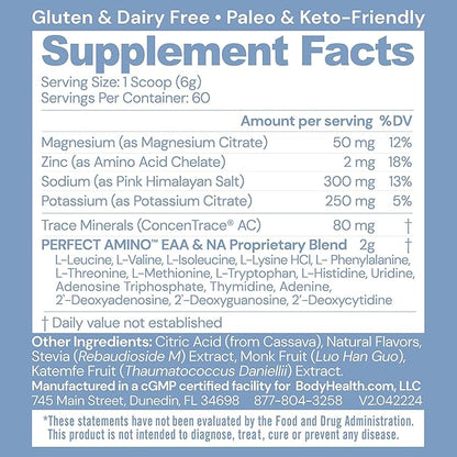 BodyHealth PerfectAmino Electrolyte Powder No Sugar, Hydration Fasting Keto Zero Sugar Electrolytes Drink Mix with Trace Minerals - Lemon Lime - 60 Servings
