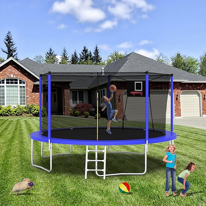 1320 LBS 14FT Outdoor Trampoline, Trampolines with Basketball Hoop & Safety Enclosure Net -ASTM Approved, Backyard Trampoline, Recreational Heavy-Duty Trampoline for Adult