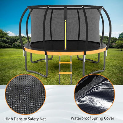 Trampoline 12FT 14FT 15FT 16FT for Kids/Adults - Outdoor Recreational with Enclosure Net Curved Poles and Ladder, Heavy Duty Anti-Rust Coating, ASTM Approval