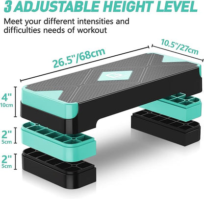 Aerobic Exercise Step, Adjustable Aerobic Stepper for Exercise, Workout Step Platform for Step Up, 26.5" Step Deck with 4??6??8??Adjustable Height Risers, Women Home Gym Cardio Fitness