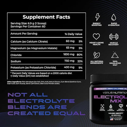 Electrolytes Powder No Sugar- Zero Calorie Hydration Powder | Sugar Free Electrolytes for Fasting, Keto & Vegan | Natural Ingredients Electrolyte Mix for Energy Boost, 60 Servings