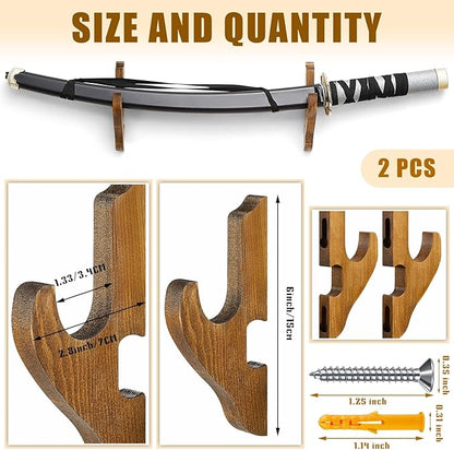 Chunful 2 Pcs Sword Wall Mount Sword Holder Katana Stand 1 Tier Katana Wall Mount Adjustable Hanger Display Wooden Samurai Mounts for Wall Weapon Hanger for Samurai (Brown)