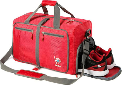 Bago Foldable Duffel Bags for Traveling Women & Men - 60L Medium Packable Duffle Bag for Travel with Shoe Compartment - Water Repellant, Heavy Duty, Lightweight Folding & Collapsible (Red)