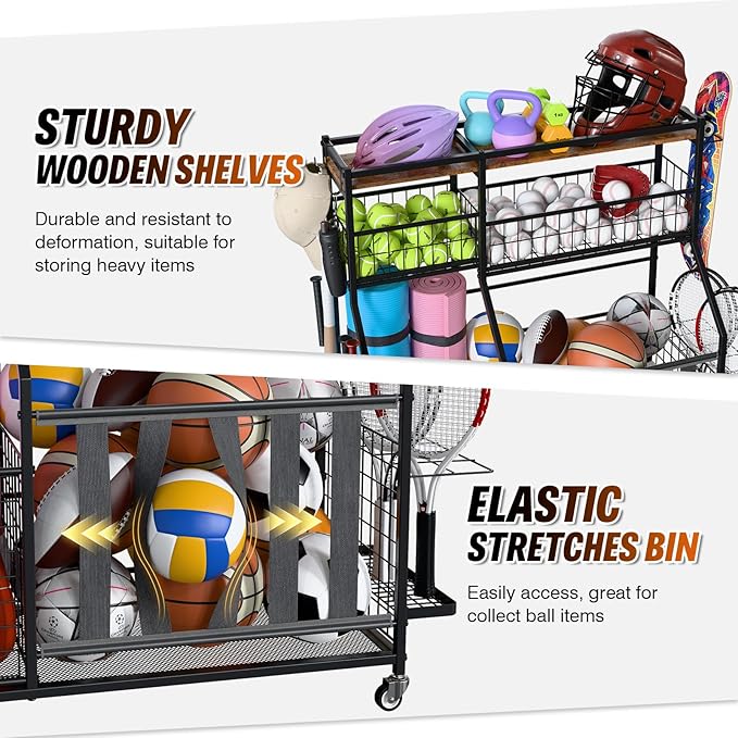 Sports Equipment Organizer, Garage Storage with Basket and Hooks, Rolling Cart with Wheels for Toy Sports Gear Storage, Ball Rack for Indoor/Outdoor