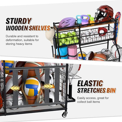 Sports Equipment Organizer, Garage Storage with Basket and Hooks, Rolling Cart with Wheels for Toy Sports Gear Storage, Ball Rack for Indoor/Outdoor