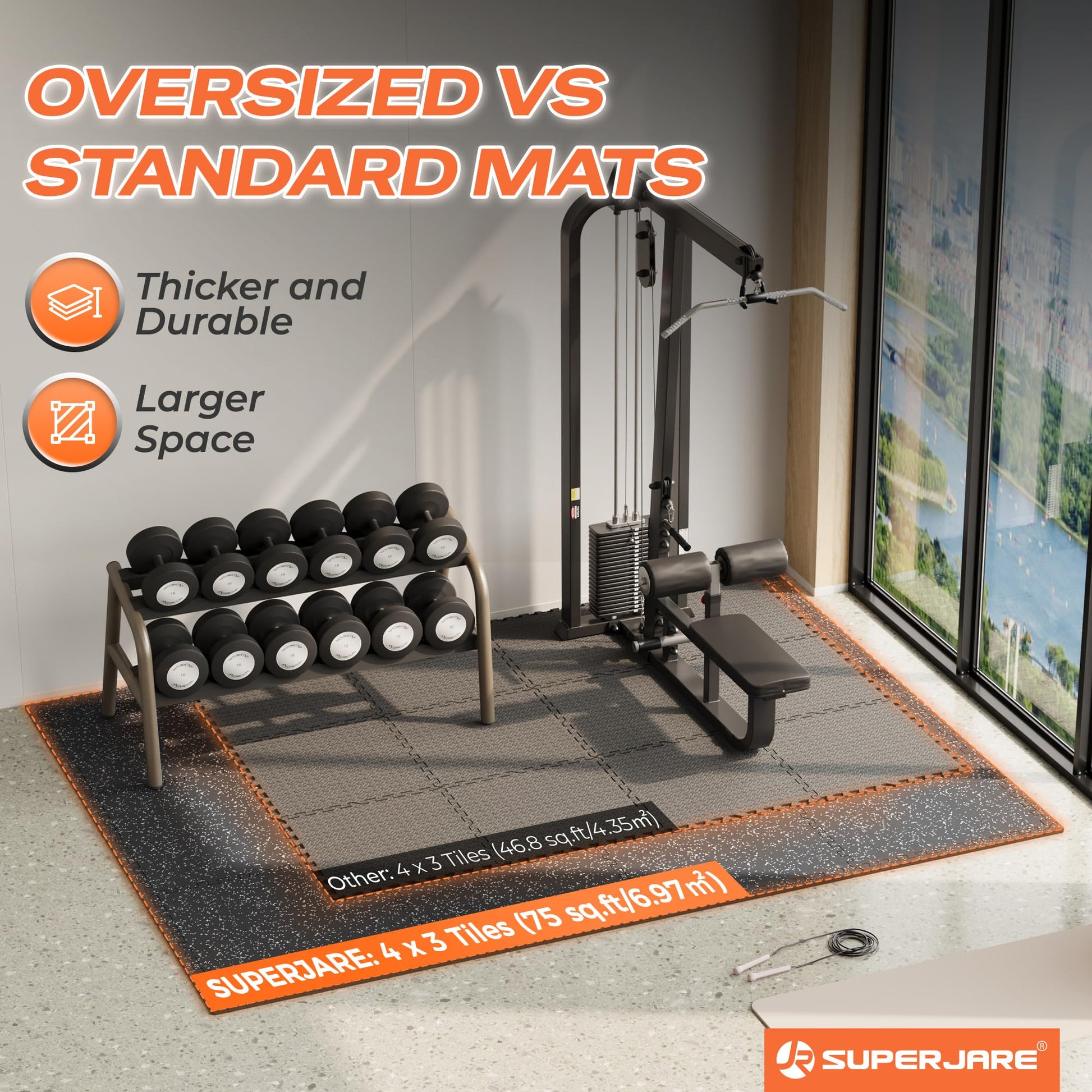 SUPERJARE 30" x 30" Larger Rubber Top Exercise Equipment Mats, 0.56" Thick 12PCS 75 Sq Ft