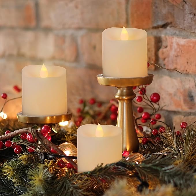 3x3 Flickering Flameless Candles Set of 3,3 inch Real Wax LED 600 Hours Battery Candles with Timer Remote,Control for Wedding Party Indoor,White