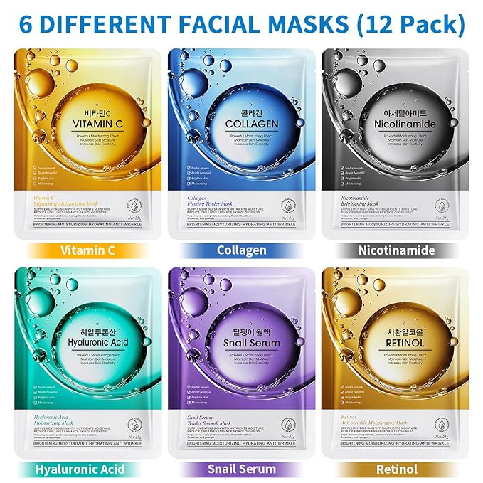 12 Pack Sheet Face Masks Skincare, Collagen Face Mask Hyaluronic Acid Hydrating Face Sheet Masks for Women Skin Care, Vitamin C Face Masks for All Skin Types, Moisturizing, Brightening, Anti-Aging