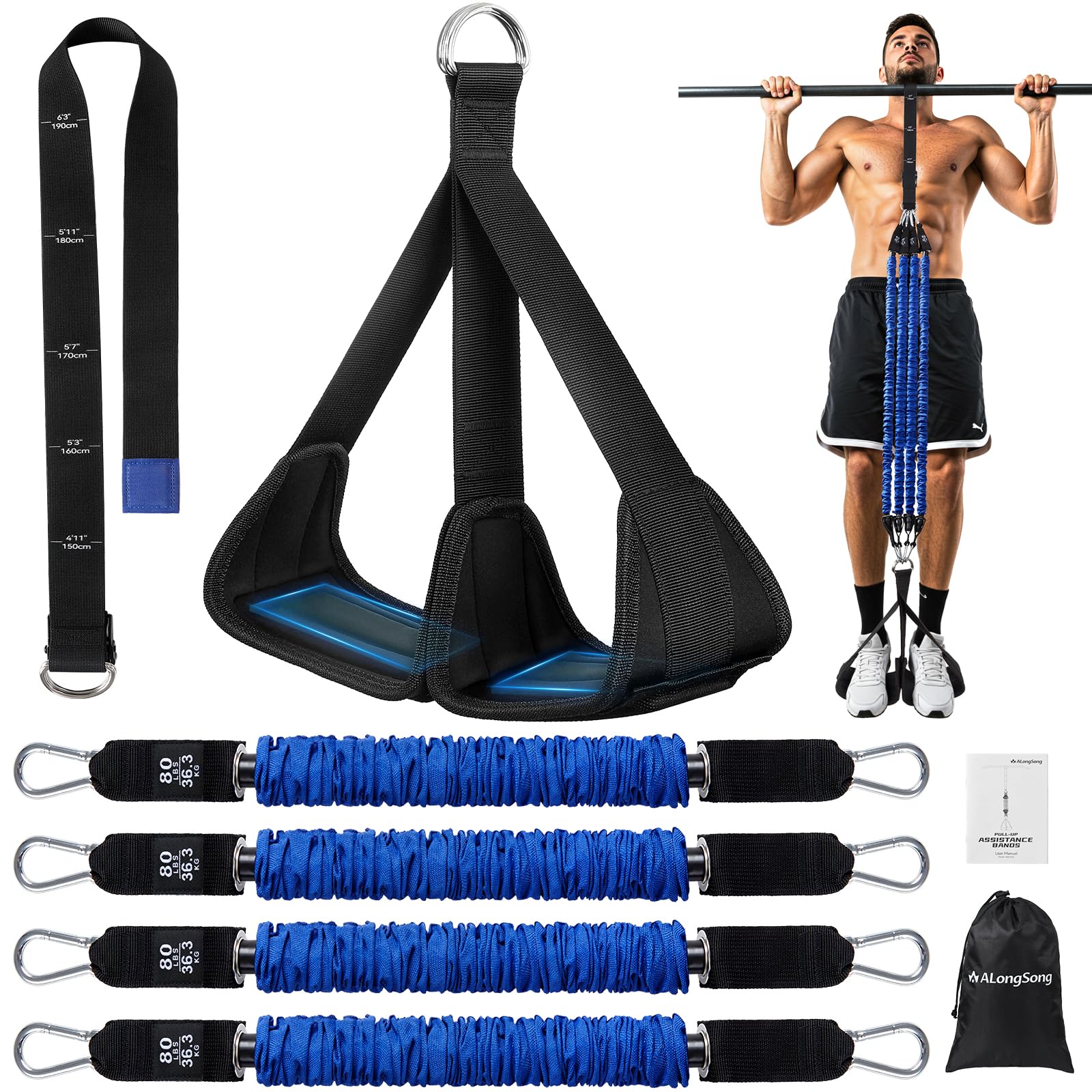 ALongSong Pull Up Assistance Bands with Foot Support Pedal - Upgraded Heavy Duty Resistance Bands