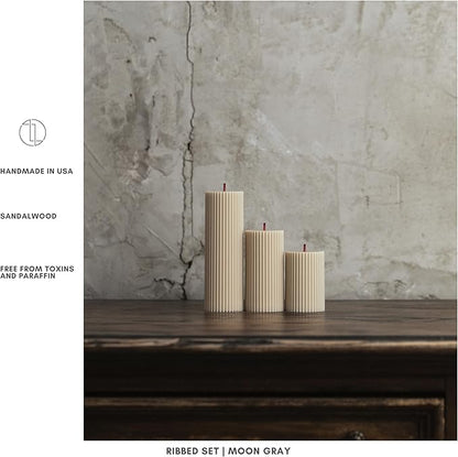 LAWA Roman Handmade Tall Ribbed Pillar Candle - Beautiful Scented Soy Wax Dinner Candle | Classic Aesthetic Decoration Set | Housewarming Gift | Home Room Shelf Decor Idea - Moon Gray (Set of 3)