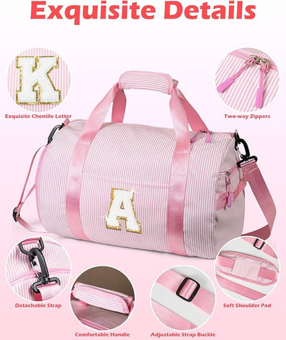 Sweet 16 Gifts for Girls, Girl Gym Bag, Kids Initial Overnight Duffel Bags with Shoe Compartment, Personalized Travel Bag with Makeup Pouch, Girly Cute Stuff Trip Essentials (Letter J)