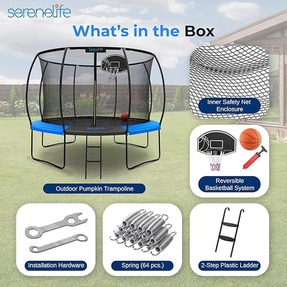 SereneLife 8FT 10FT 12FT 14FT Outdoor Trampoline for Kids - Recreational Backyard Trampoline with Curved Safety Poles, Net Enclosure, Ladder & Basketball Hoop - ASTM Approval for Kids Adults