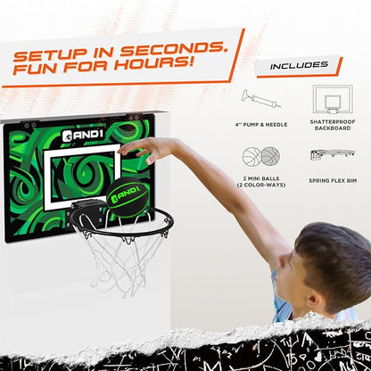 AND1 Over the Door Mini Basketball Hoop: 18x12 Shatterproof Backboard, 2 Mini Basketballs, and Hand Pump Included- Ultimate Indoor Basketball Accessory for Kids and Adults, No Tools Required