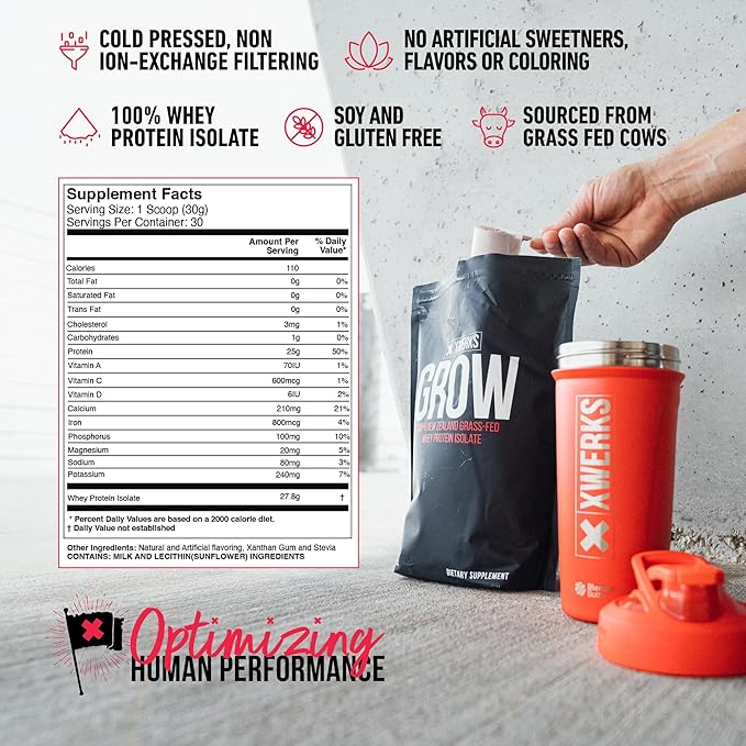Xwerks Grow 100% New Zealand Grass Fed Whey Protein, 25g Pure Isolate Protein Powder Per Serving, All Natural Paleo and Keto Friendly, Soy Free Gluten Free Easy to Digest, Strawberry, 30 Servings