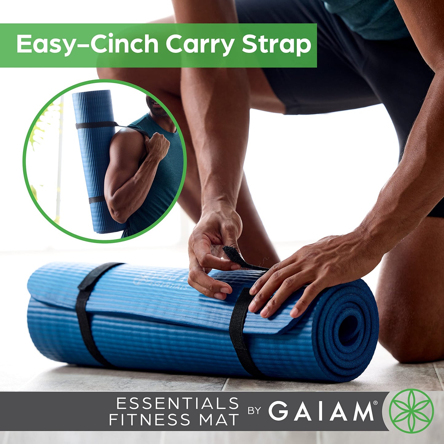 Gaiam Essentials Thick Yoga Mat with Easy-Cinch Strap (Black, 10mm)