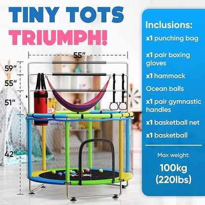 Toddler Trampoline for Kids Ages 3-8 - 5 ft Toddler Trampoline with Net, Basketball Hoop, Ocean Balls, Boxing Bag, Hammock - Indoor and Outdoor for Kids, Backyard