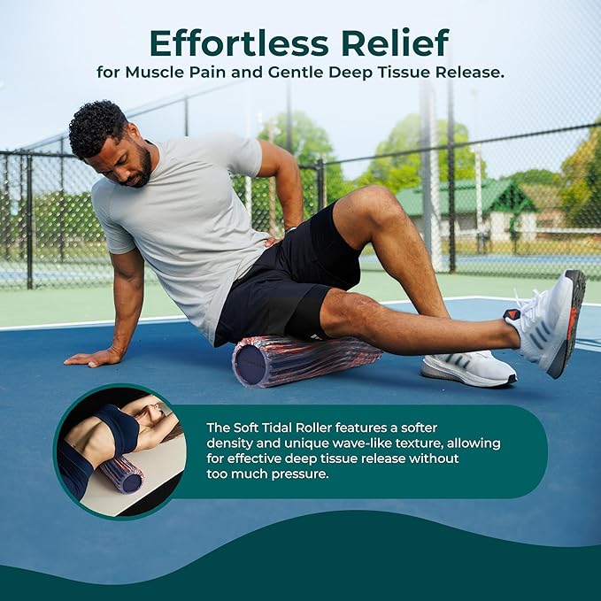 Oceanfoam Soft Tidal Roller (Dark Navy, Red and Natural Marbled) - Low Density Foam Roller for Physical Therapy, Back Pain, Exercise & Stretching - Wave Textured - Yoga, Wellness - Full Size, 20" x 5"