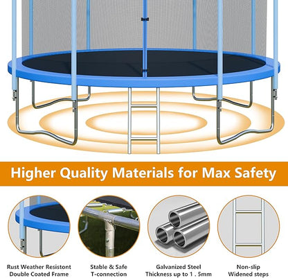 Trampoline with Enclosure - 12FT & 14FT Recreational Trampolines, Ladder, AntiRust Coating, ASTM Approved