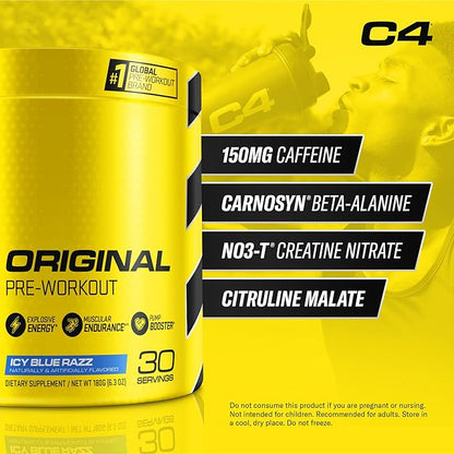 Cellucor C4 Original Pre Workout Powder ICY Blue Razz | Vitamin C for Immune Support | Sugar Free Preworkout Energy for Men & Women | 150mg Caffeine + Beta Alanine + Creatine | 30 Servings