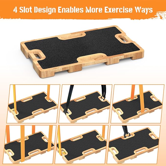Wooden Fitness Board - Resistance Band Workout Footplate with Foam Pad & Storage Bag - Wood Exercise Step Platform with Non-Slip Surface for Home Body Gym, Strength Training