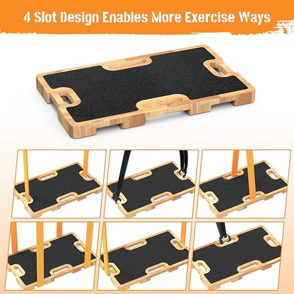 Wooden Fitness Board - Resistance Band Workout Footplate with Foam Pad & Storage Bag - Wood Exercise Step Platform with Non-Slip Surface for Home Body Gym, Strength Training