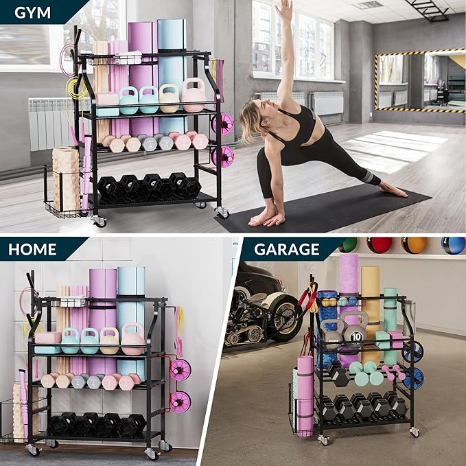 Dumbbells Rack,Weight Rack for Kettlebell, Weight Stand,Home Gym Storage Holder for Yoga Mat, Foam Roller,Yoga Strap,Resistance Bands,Garage Storage Organizer,Workout Storage with Wheels