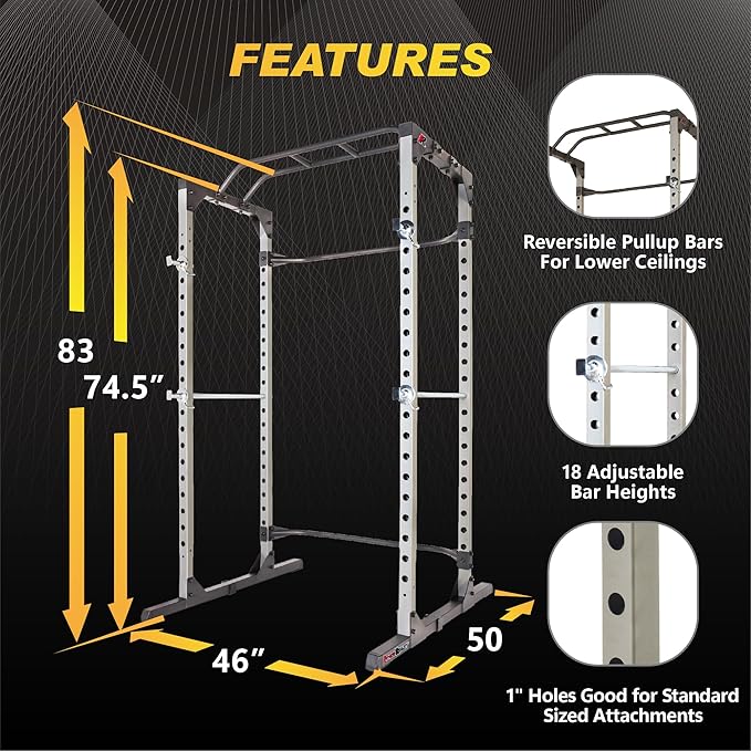 Fitness Reality Power Cage Squat Rack with Optional LAT Pulldown, Cable Crossover, 800 lb Capacity, Multi-Grip Pull-Up Bar, Adjustable Safety Bars, Strength Training for Home Gym