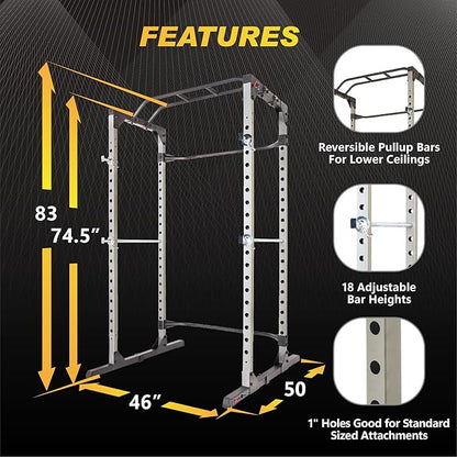 Fitness Reality Power Cage Squat Rack with Optional LAT Pulldown, Cable Crossover, 800 lb Capacity, Multi-Grip Pull-Up Bar, Adjustable Safety Bars, Strength Training for Home Gym