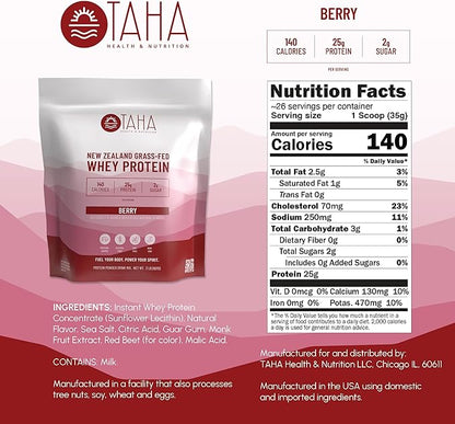 Taha Health & Nutrition Berry Flavored Whey Protein Concentrate Powder, 25g Protein, 140 Calories, 2g Sugar | New Zealand Grass-Fed, Free-Range Dairy | Gluten and Soy Free, Keto, Kosher | 2LB