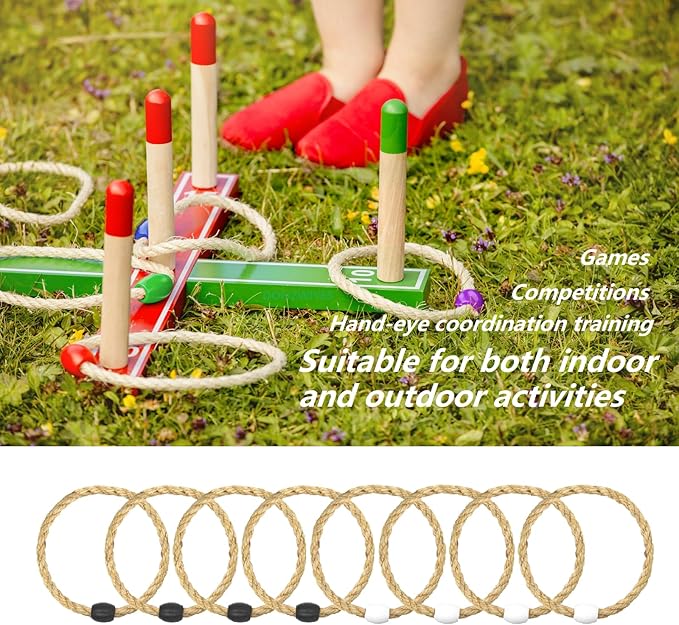 8 Pack Sisal Rope Ring Toss Game Replacement Parts for Adults and Kids, Outdoor Toss Rings for Agility Practice and Speed Game and Yard Games and Lawn Games for Party (Black and White)