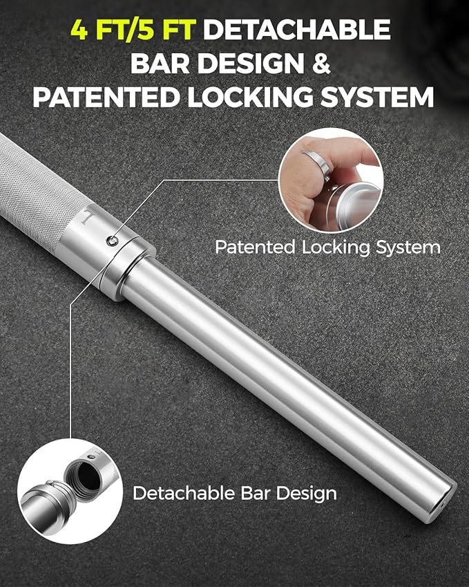 DASKING 4ft/4.9ft Barbell, 1-Inch Standard Detachable Bar, Portable Strength Training Bar for Weightlifting, Squat, Bench Press, Home Gym, 450LBS, Includes Silent Collars