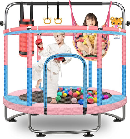 60" Toddler Trampoline for Kids, 5FT Adjustable Trampoline Indoor Outdoor with Enclosur Net, Mini Trampoline for Kids 3-10, 880lbs Capacity, Adjustable Gymnastics Bar, Basketball Hoop, Swing