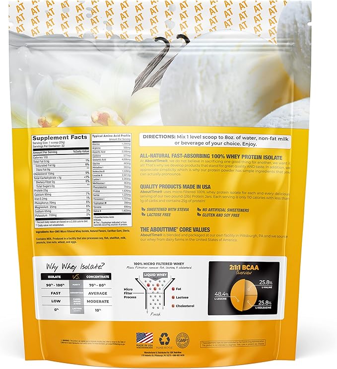 About Time Whey Protein Isolate Powder 25g Vanilla, Natural Ingredients, Non-GMO, Gluten-Free, Lactose-Free, Zero Sugar, Low Carb, 32 Servings
