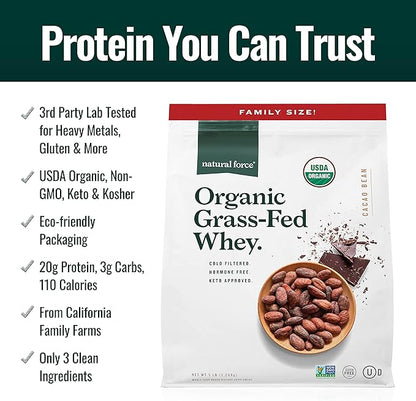 Natural Force Whey Protein Powder ??Chocolate, 5 lbs ??Grass Fed Organic, Pure, Keto & Paleo Friendly, Low Carb, Kosher, Non GMO ??Family Size A2 Protein