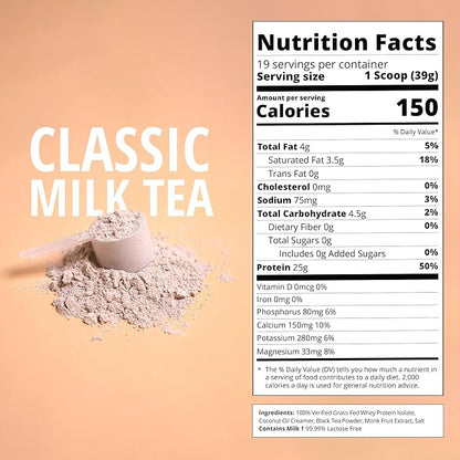 Classic Milk Tea Protein Powder | 25g Grass-Fed Whey Protein Isolate Powder | Gluten-Free & Soy-Free Bubble Tea Protein Drink | Real Ingredients & Lactose-Free | 19 Servings