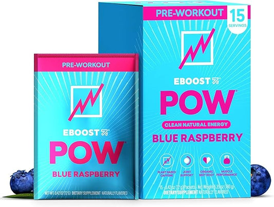 EBOOST POW Natural Pre Workout Powder - 15 Packets, Blue Raspberry - Preworkout Energy Booster Gym
