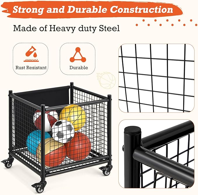 AECOJOY Ball Cart Storage, Rolling Basketball Bin with Wheels for Garage, School, Gym, Sports Equipment and Toy Organizer, Indoor & Outdoor