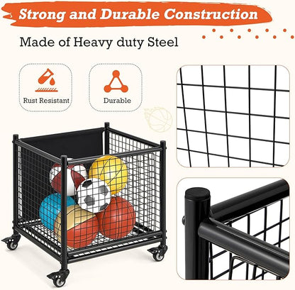 AECOJOY Ball Cart Storage, Rolling Basketball Bin with Wheels for Garage, School, Gym, Sports Equipment and Toy Organizer, Indoor & Outdoor