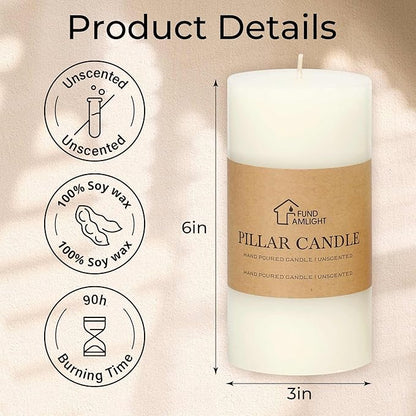 3x6 Inch White Pillar Candles Set of 3 - Decorative Unscented Pillar Candle, Long Burning Dripless Candle for Table Decor, Smokeless Large Pillar Candles for Wedding Table Decor