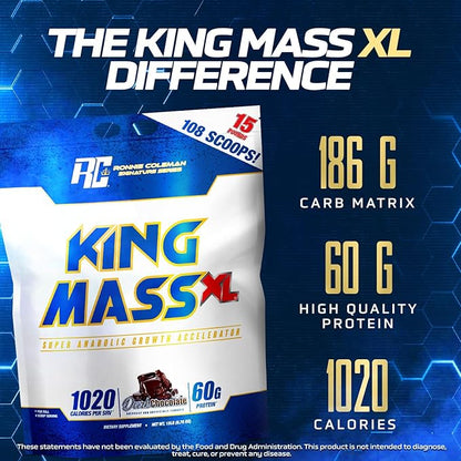 Ronnie Coleman Signature Series King Mass XL Mass Gainer Protein Powder, Muscle Gainer, 60g Protein, 180g Carbohydrates, 1,000+ Calories, Creatine and Glutamine, Dark Chocolate, 15 Pound