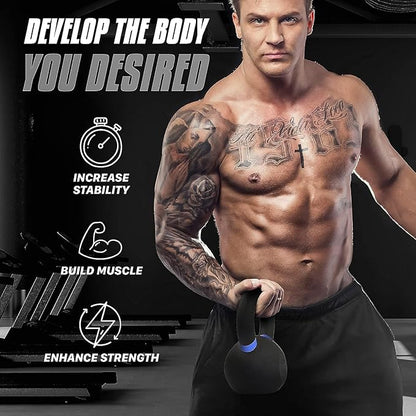 Yes4All Kettlebell, Heavy Duty Powder Coated Cast Iron Kettlebells, Non-Slip Handle & Flat Bottom for Conditioning, Strength Training & Full Body Exercises at Home Gym - Single & Pair