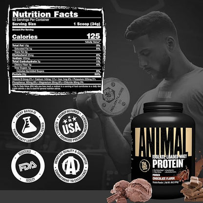 Animal Whey Isolate Protein Powder - Loaded for Pre & Post Workout Muscle Builder and Recovery with Digestive Enzymes for Men & Women - 25g Protein, Great Taste, Low Sugar - Chocolate 4 lbs