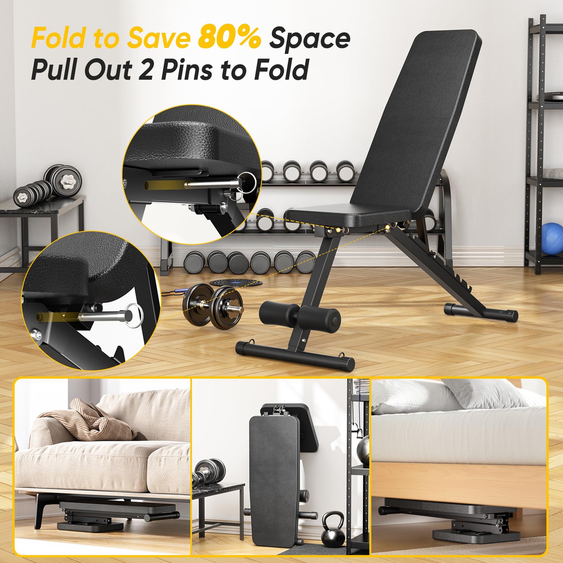 Adjustable Weight Bench for Home Gym, 600LBS Capacity Foldable Workout Bench with 7 Backrest