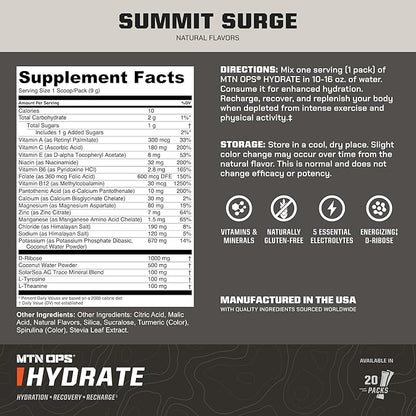 MTN OPS Hydrate Electrolytes Powder Drink Mix, 20 Single Serving On-The-Go Electrolyte Packs with Over 1000mg of Electrolytes per Serving, Hush Summit Surge