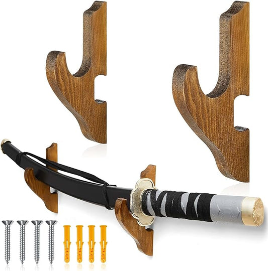 Chunful 2 Pcs Sword Wall Mount Sword Holder Katana Stand 1 Tier Katana Wall Mount Adjustable Hanger Display Wooden Samurai Mounts for Wall Weapon Hanger for Samurai (Brown)